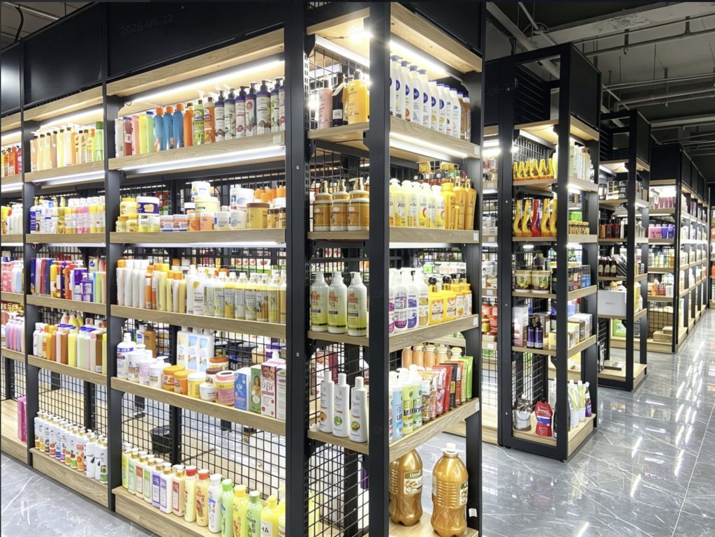 Showroom shelves with daily chemical, beauty, body care, and hair care product categories